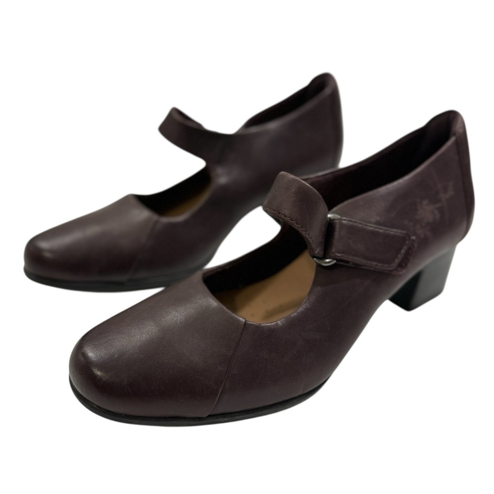 Clarks Unstructured Damson‎ Vibe Aubergine Leather Block Heel Mary Jane Sz 8M